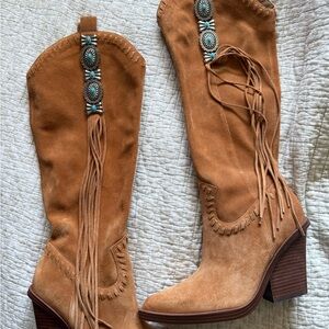 Jessica Simpson Tan Suede Fringe Heeled Boots
